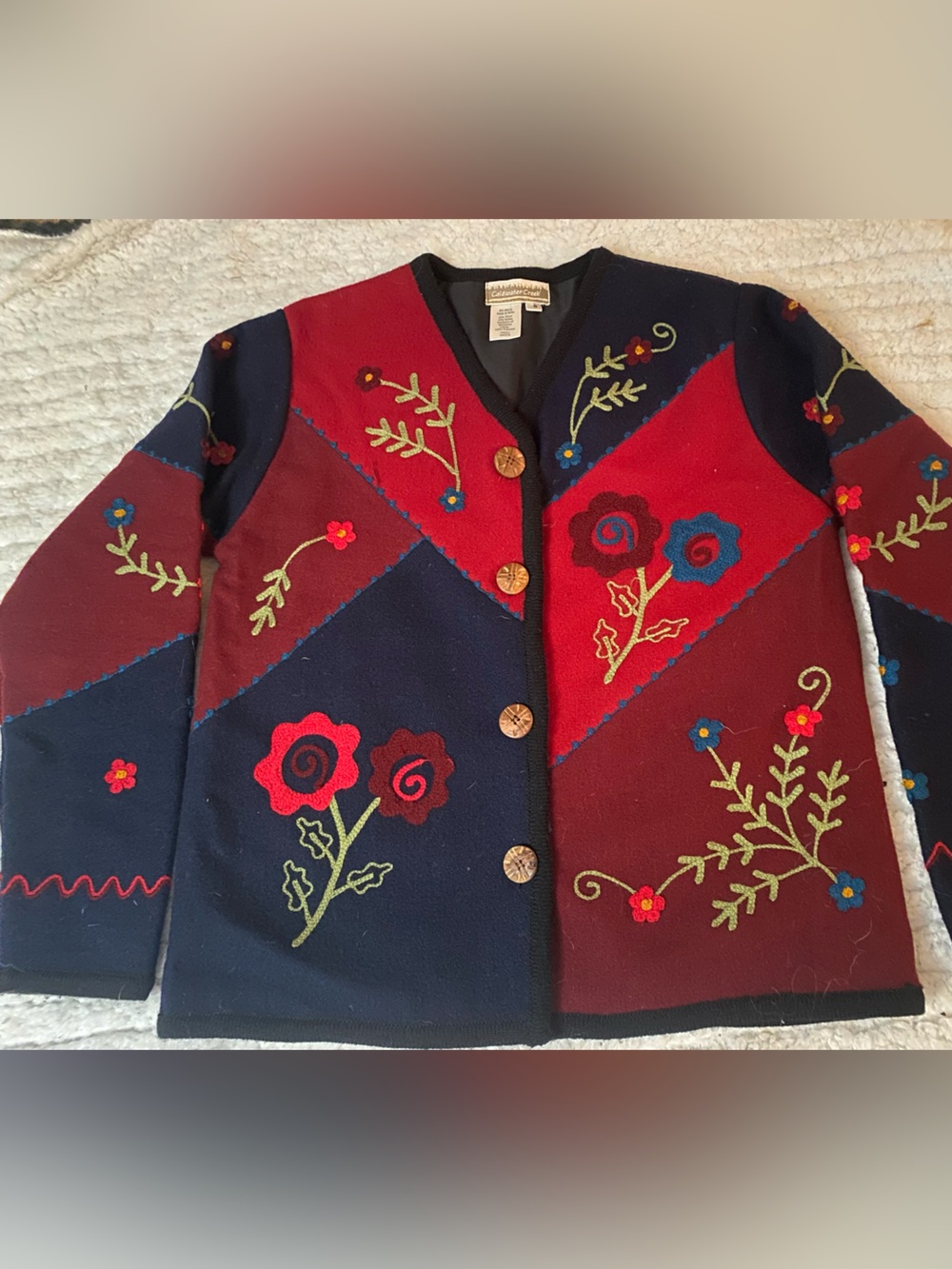 Coldwater Creek Navy, Red & Burgundy Embroidered Patchwork Cardigan
